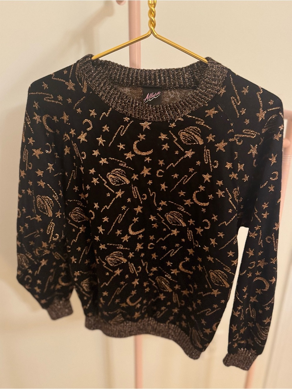 Black Sweater with Gold Star & Moon Motif
